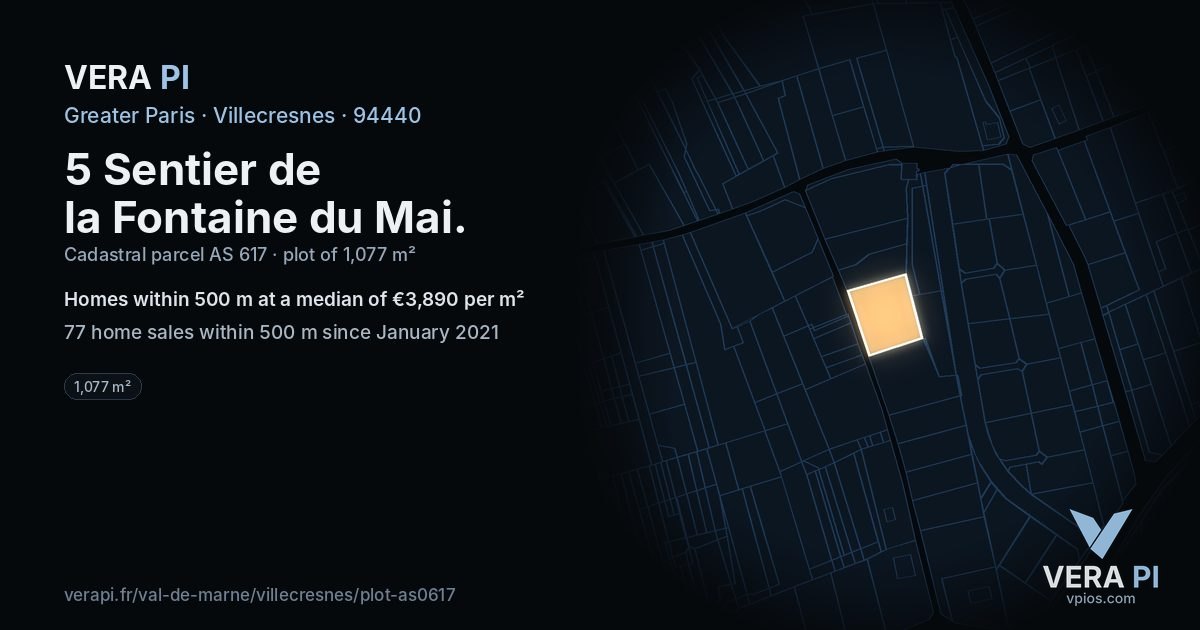 5 Sentier de la Fontaine du Mai, Villecresnes at night – the plot lit, the parcels around coloured by the prices near them