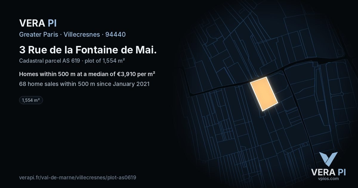 3 Rue de la Fontaine de Mai, Villecresnes at night – the plot lit, the parcels around coloured by the prices near them