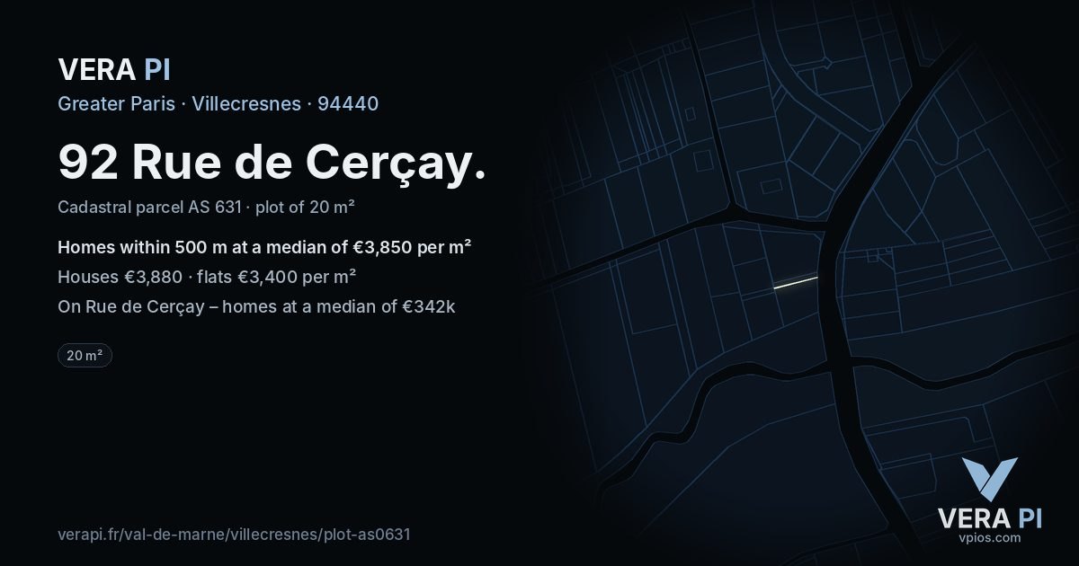 92 Rue de Cerçay, Villecresnes at night – the plot lit, the parcels around coloured by the prices near them