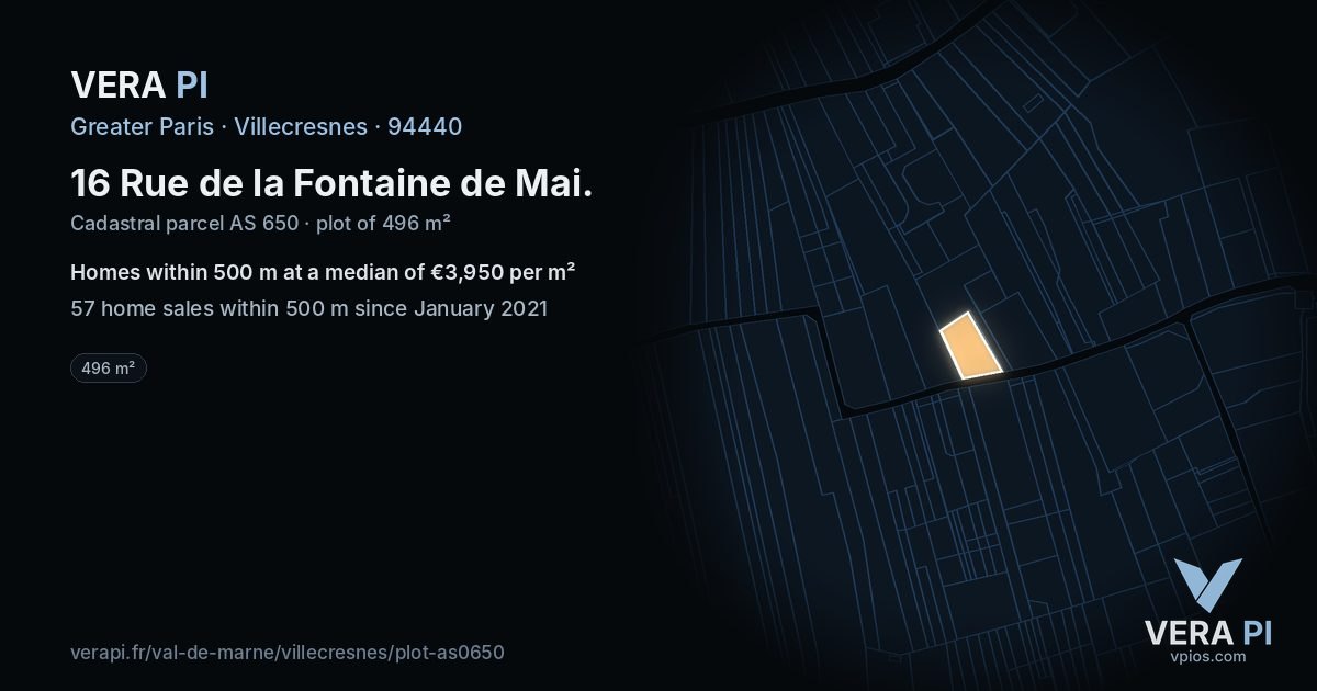 16 Rue de la Fontaine de Mai, Villecresnes at night – the plot lit, the parcels around coloured by the prices near them