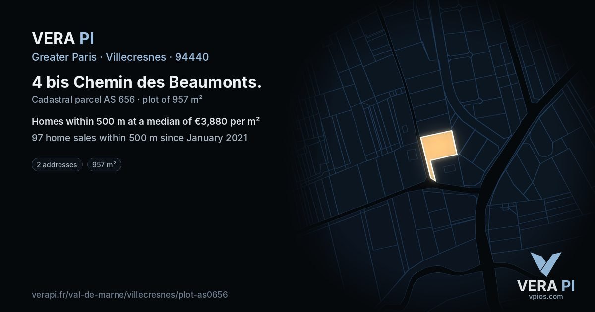 4 bis Chemin des Beaumonts, Villecresnes at night – the plot lit, the parcels around coloured by the prices near them