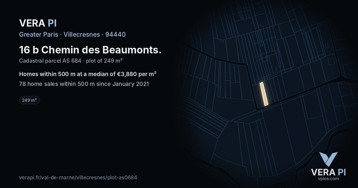16 b Chemin des Beaumonts, Villecresnes at night – the plot lit, the parcels around coloured by the prices near them