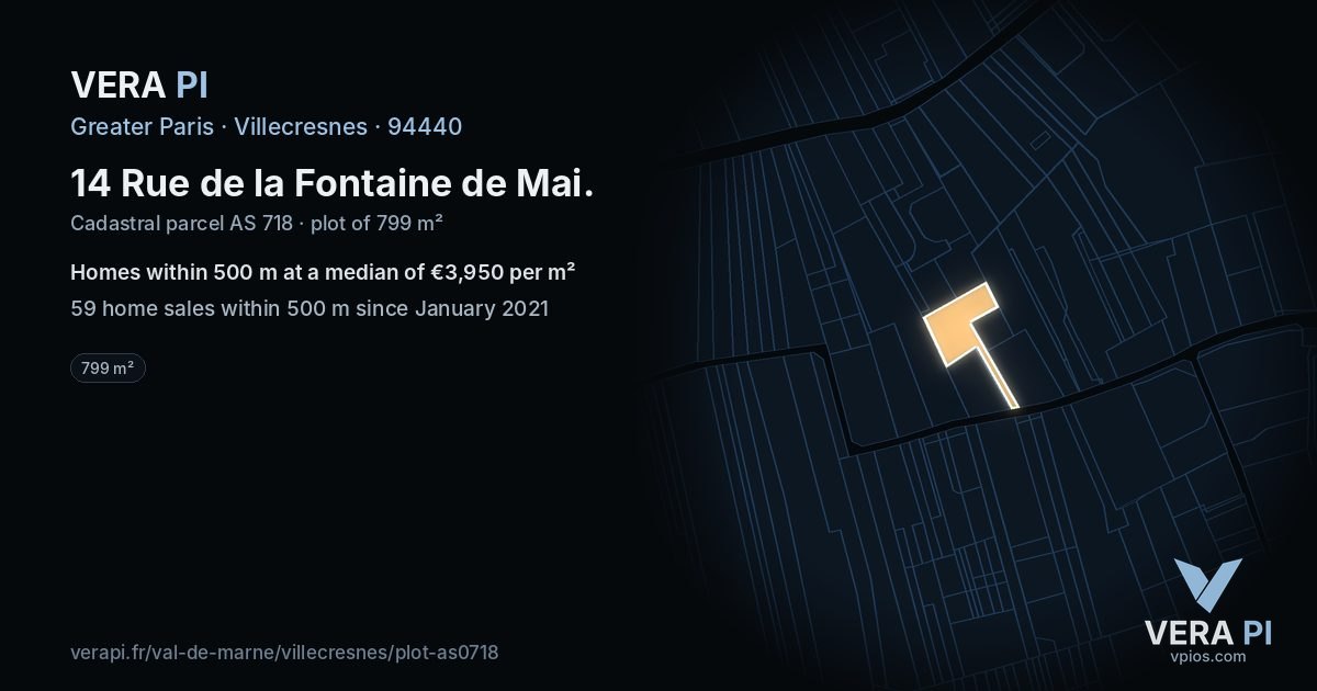14 Rue de la Fontaine de Mai, Villecresnes at night – the plot lit, the parcels around coloured by the prices near them
