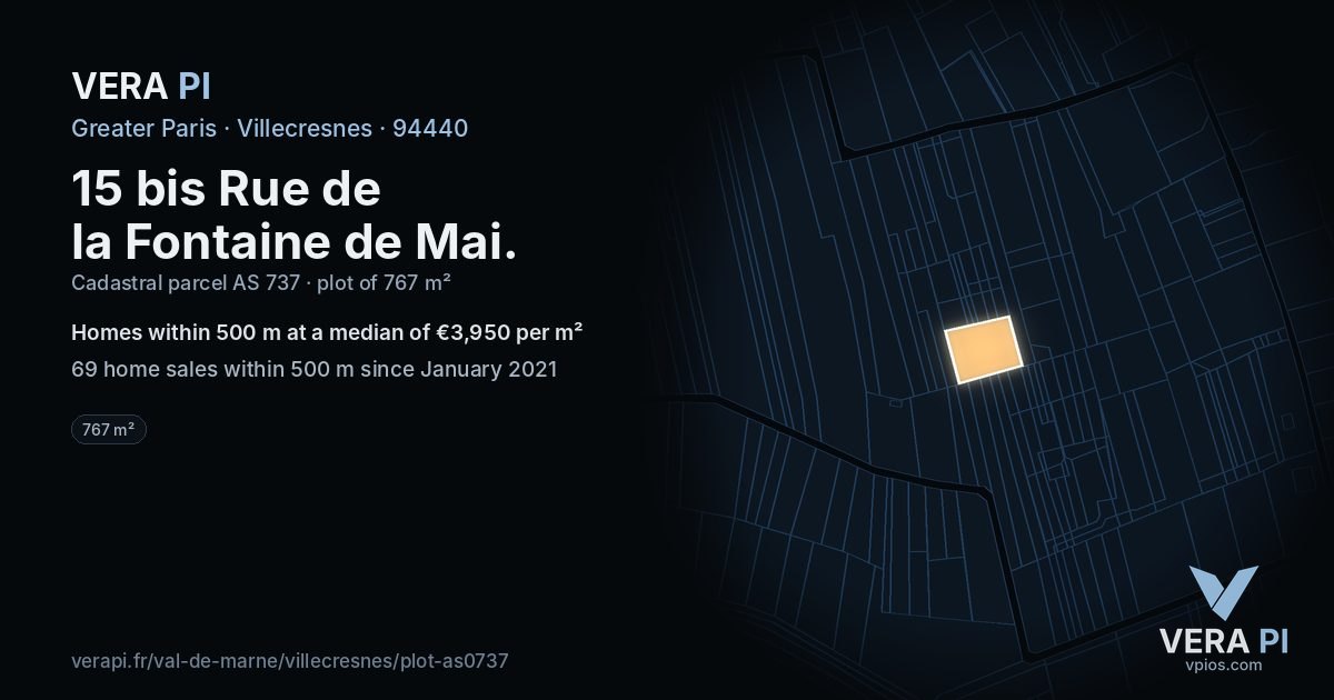 15 bis Rue de la Fontaine de Mai, Villecresnes at night – the plot lit, the parcels around coloured by the prices near them