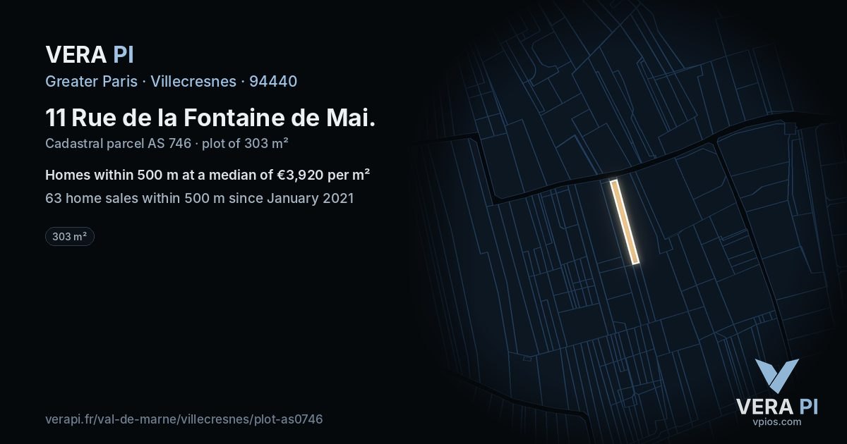 11 Rue de la Fontaine de Mai, Villecresnes at night – the plot lit, the parcels around coloured by the prices near them