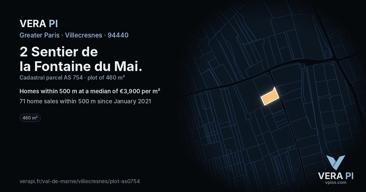 2 Sentier de la Fontaine du Mai, Villecresnes at night – the plot lit, the parcels around coloured by the prices near them