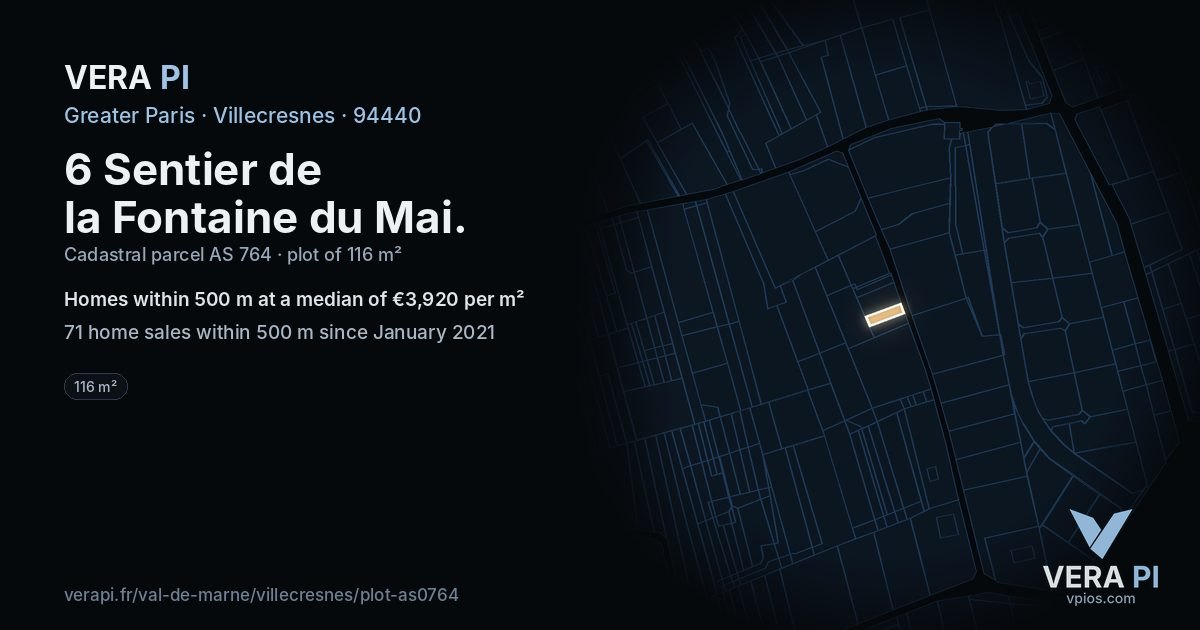 6 Sentier de la Fontaine du Mai, Villecresnes at night – the plot lit, the parcels around coloured by the prices near them