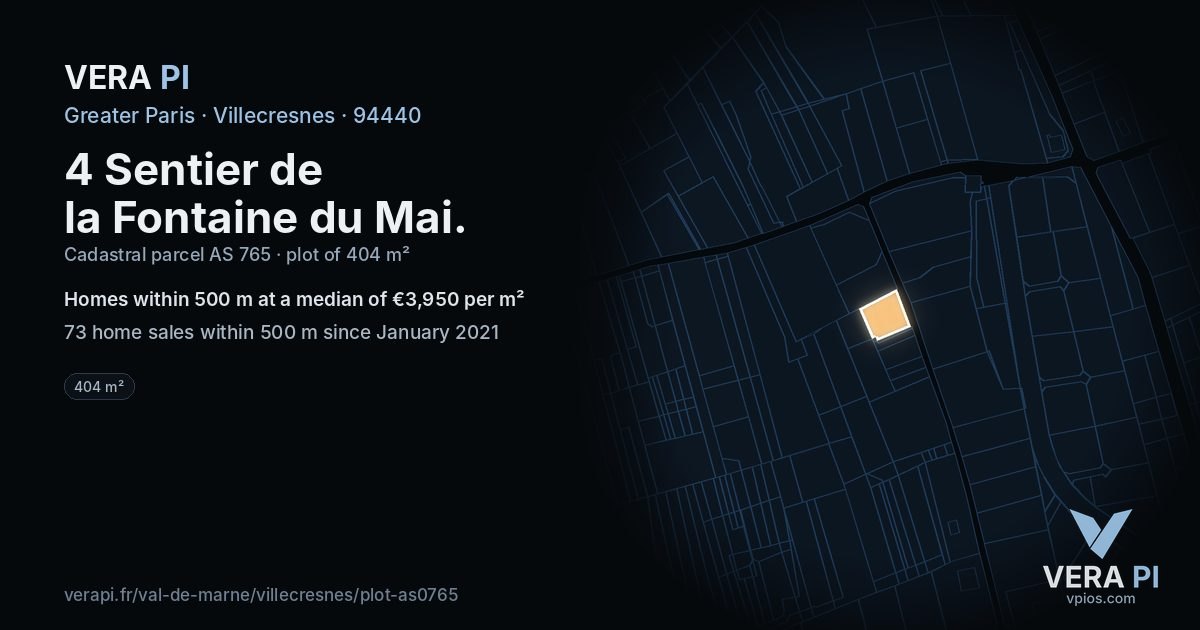 4 Sentier de la Fontaine du Mai, Villecresnes at night – the plot lit, the parcels around coloured by the prices near them