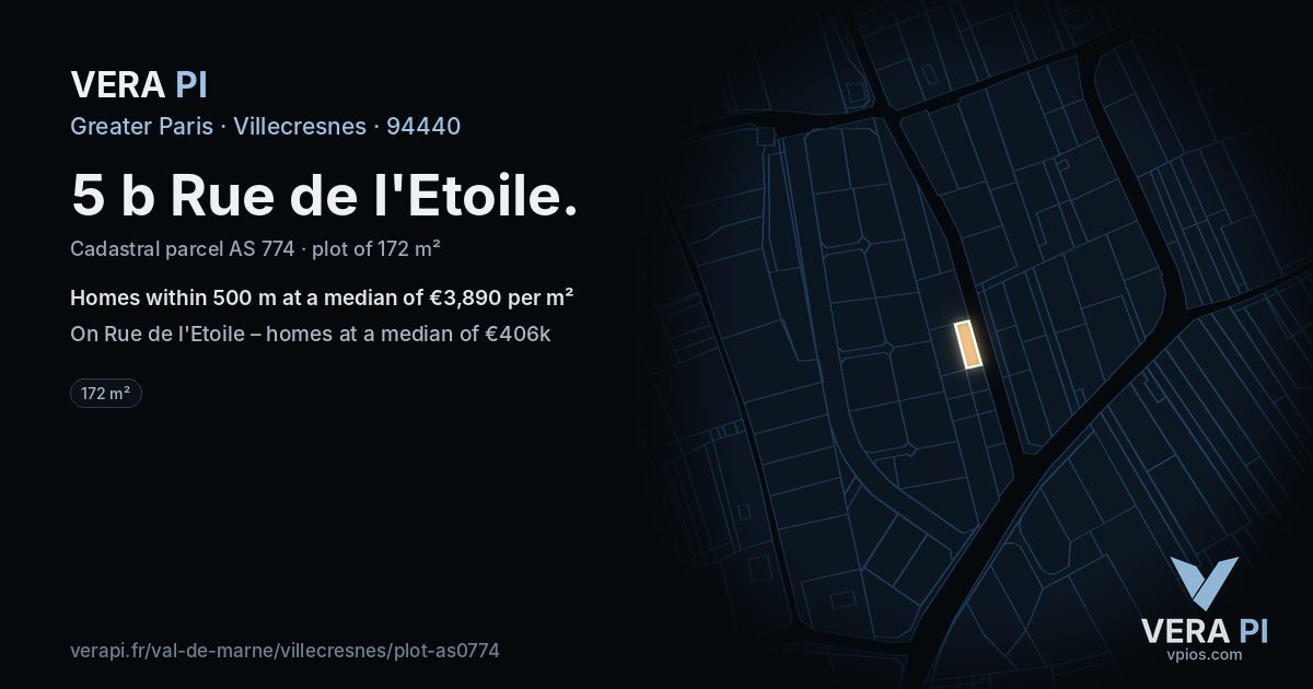 5 b Rue de l'Etoile, Villecresnes at night – the plot lit, the parcels around coloured by the prices near them
