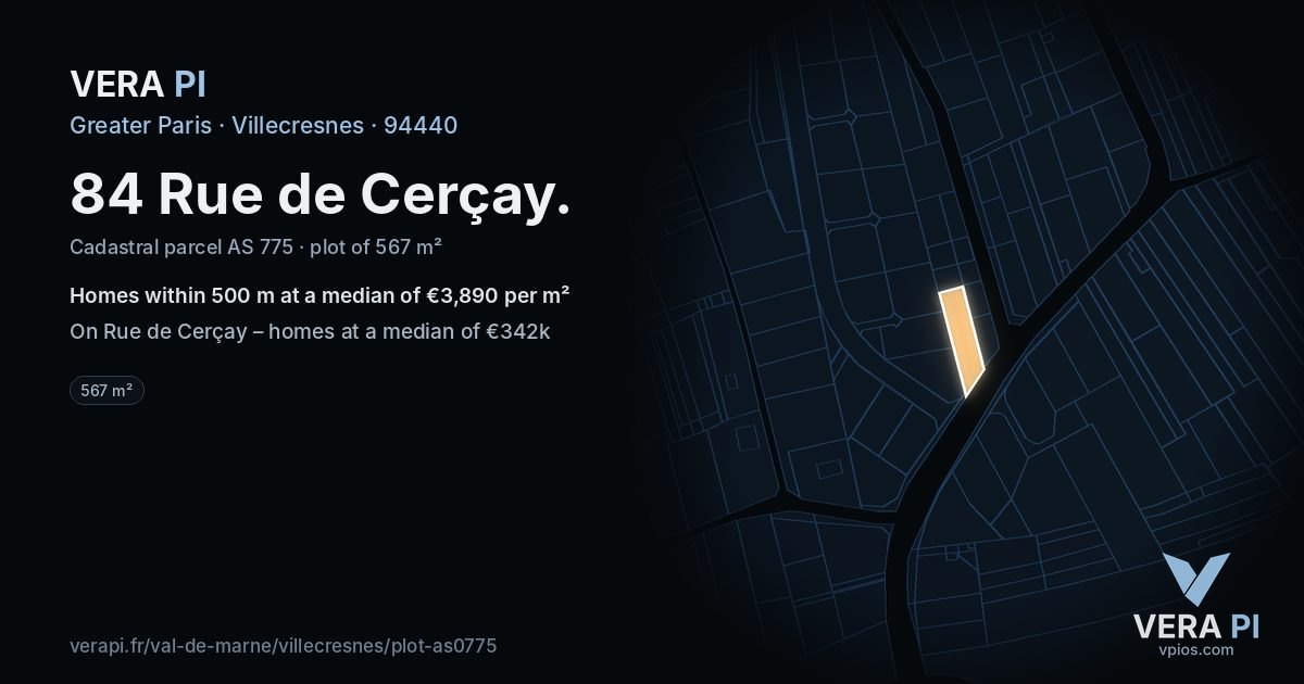 84 Rue de Cerçay, Villecresnes at night – the plot lit, the parcels around coloured by the prices near them