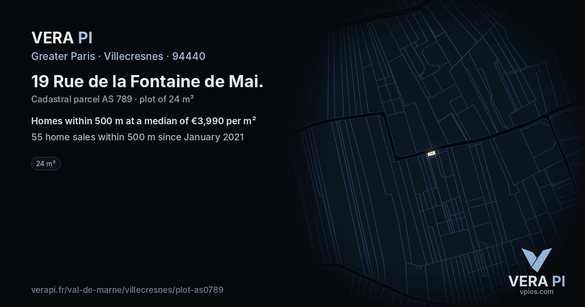 19 Rue de la Fontaine de Mai, Villecresnes at night – the plot lit, the parcels around coloured by the prices near them