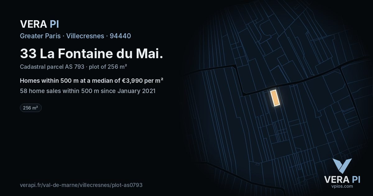 33 La Fontaine du Mai, Villecresnes at night – the plot lit, the parcels around coloured by the prices near them