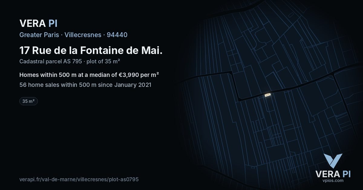 17 Rue de la Fontaine de Mai, Villecresnes at night – the plot lit, the parcels around coloured by the prices near them
