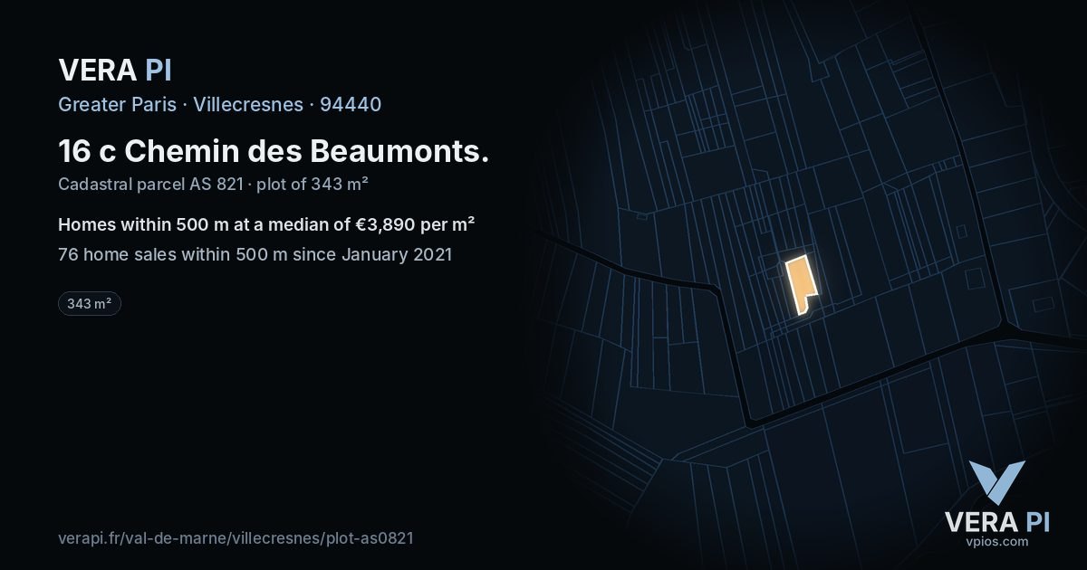 16 c Chemin des Beaumonts, Villecresnes at night – the plot lit, the parcels around coloured by the prices near them
