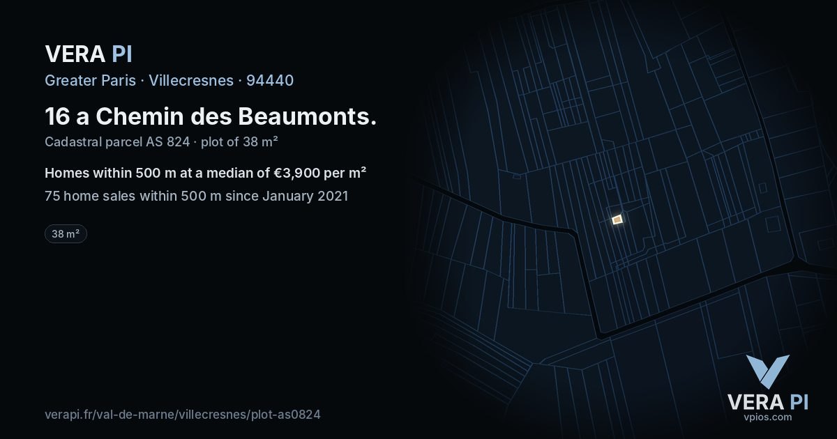 16 a Chemin des Beaumonts, Villecresnes at night – the plot lit, the parcels around coloured by the prices near them