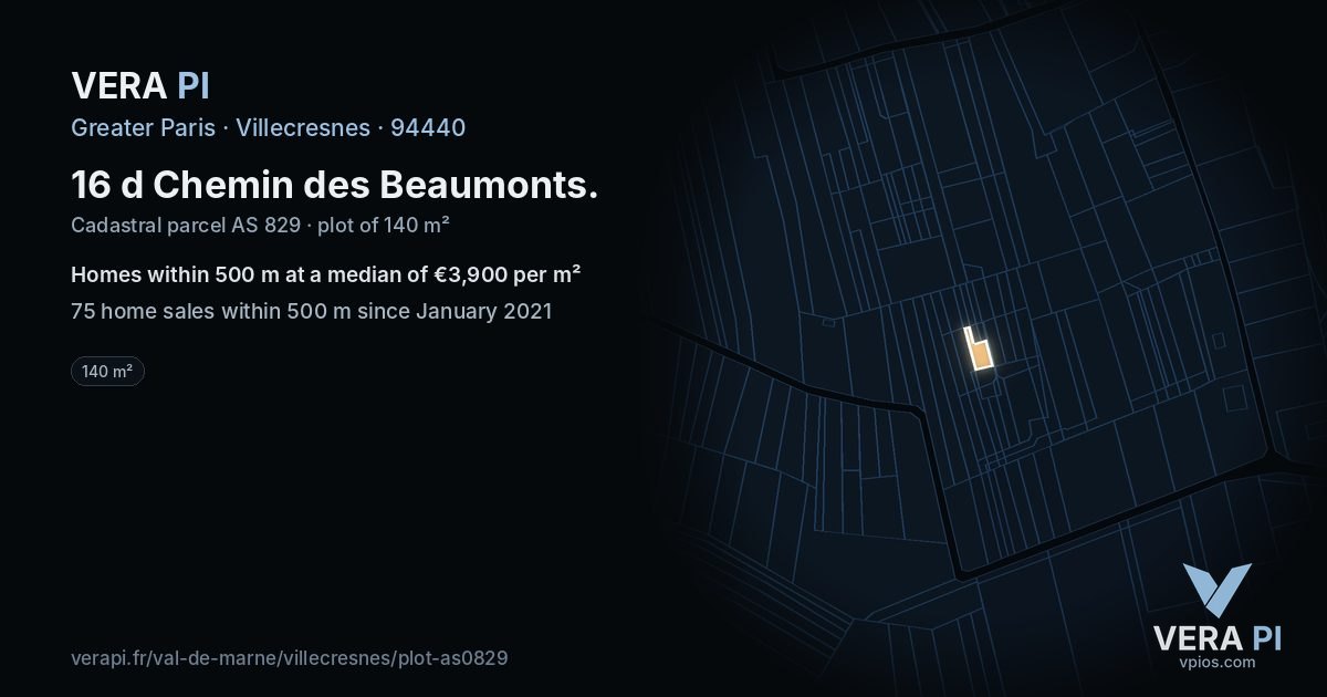 16 d Chemin des Beaumonts, Villecresnes at night – the plot lit, the parcels around coloured by the prices near them