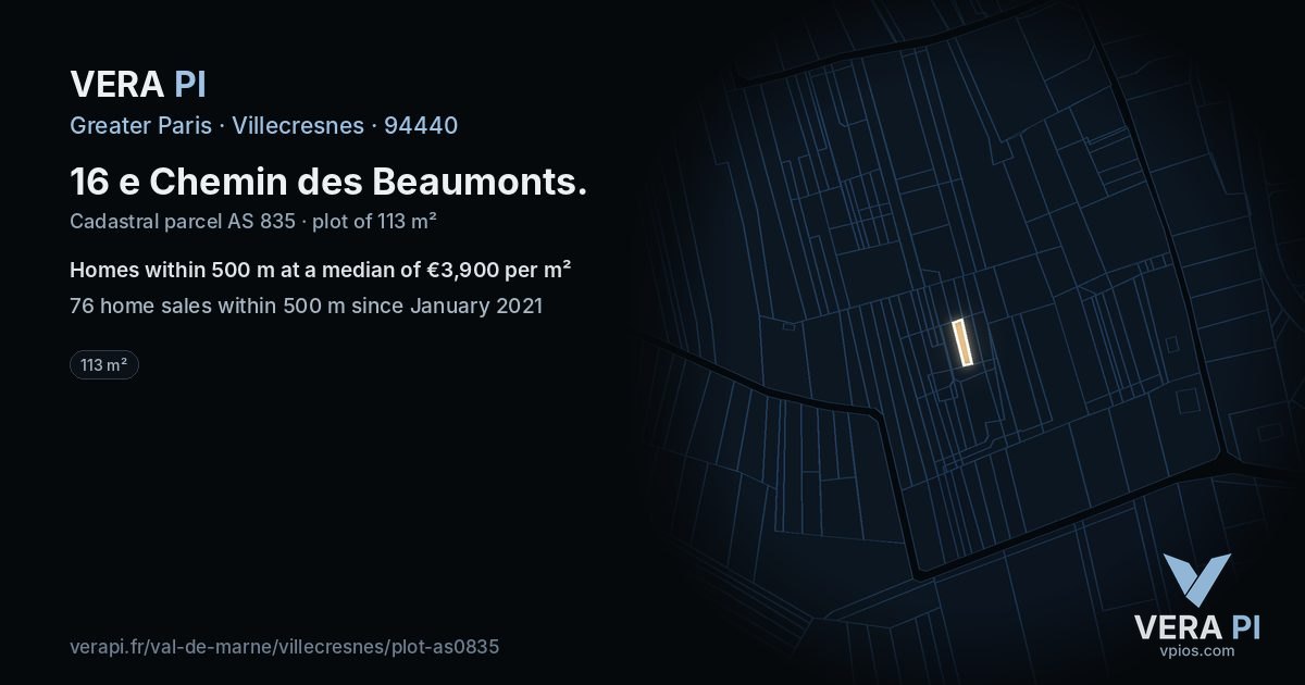 16 e Chemin des Beaumonts, Villecresnes at night – the plot lit, the parcels around coloured by the prices near them