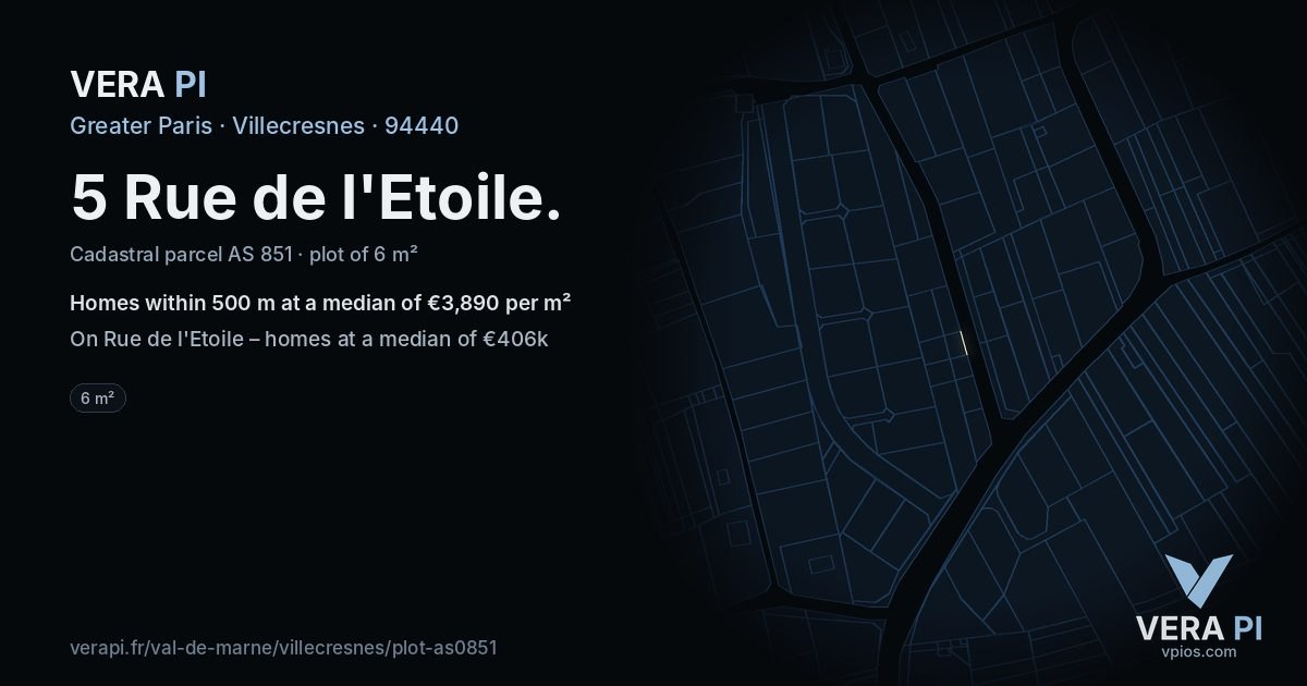 5 Rue de l'Etoile, Villecresnes at night – the plot lit, the parcels around coloured by the prices near them