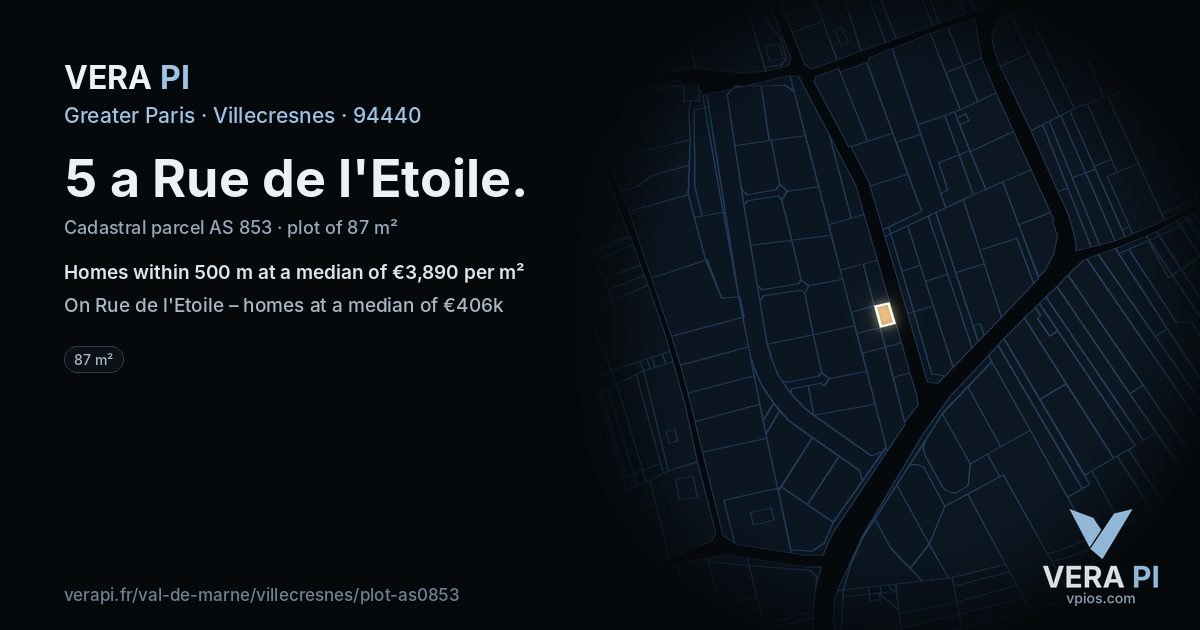 5 a Rue de l'Etoile, Villecresnes at night – the plot lit, the parcels around coloured by the prices near them