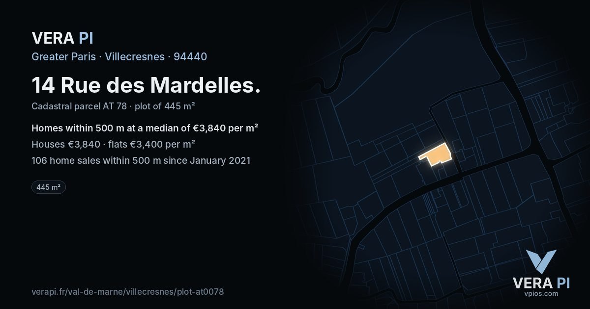 14 Rue des Mardelles, Villecresnes at night – the plot lit, the parcels around coloured by the prices near them