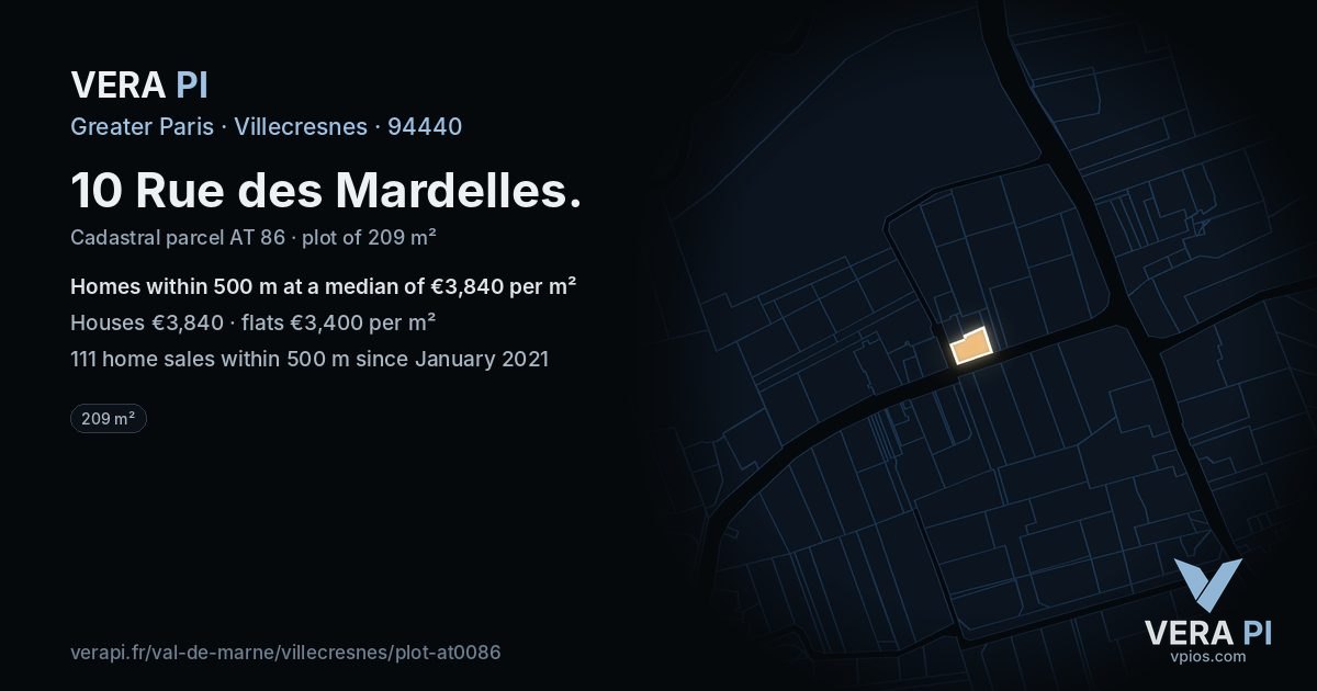 10 Rue des Mardelles, Villecresnes at night – the plot lit, the parcels around coloured by the prices near them