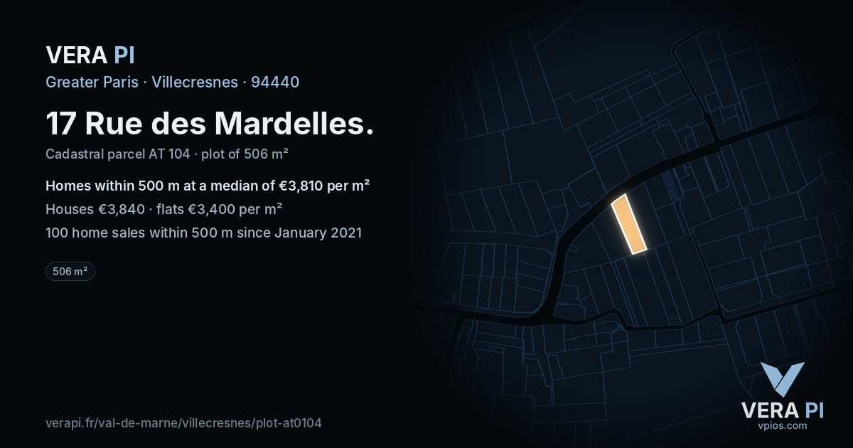 17 Rue des Mardelles, Villecresnes at night – the plot lit, the parcels around coloured by the prices near them