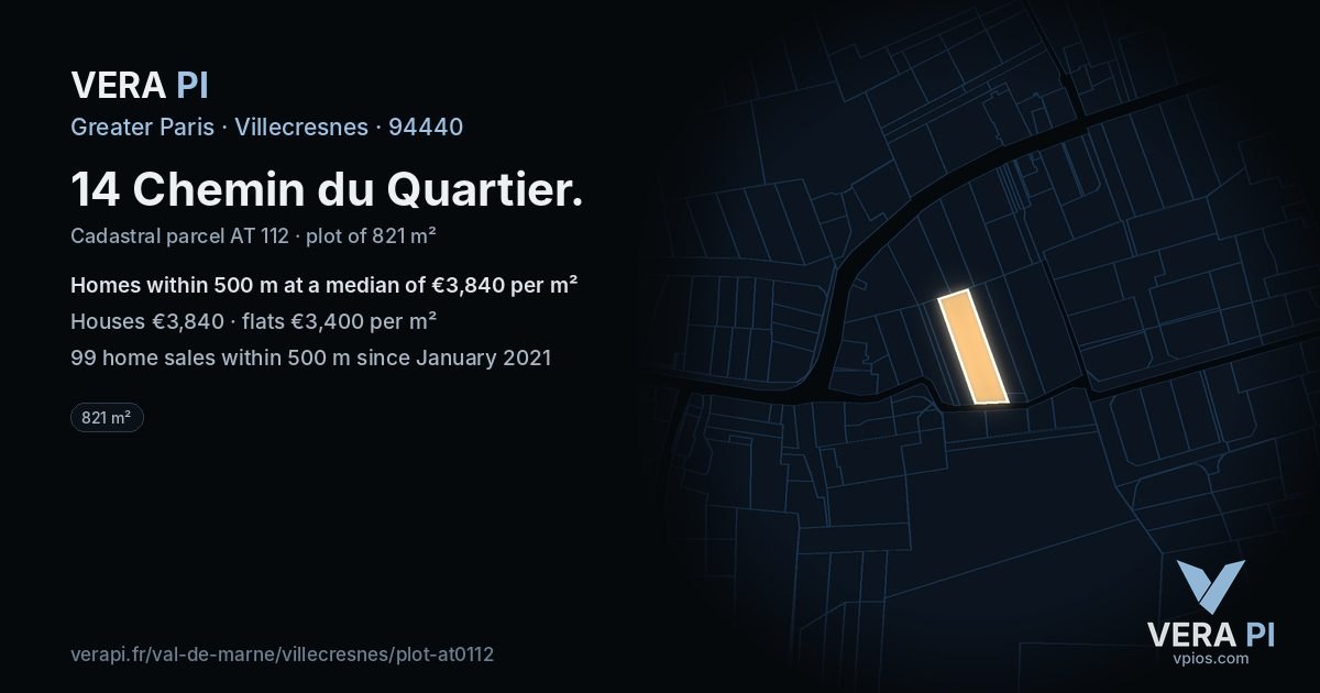 14 Chemin du Quartier, Villecresnes at night – the plot lit, the parcels around coloured by the prices near them