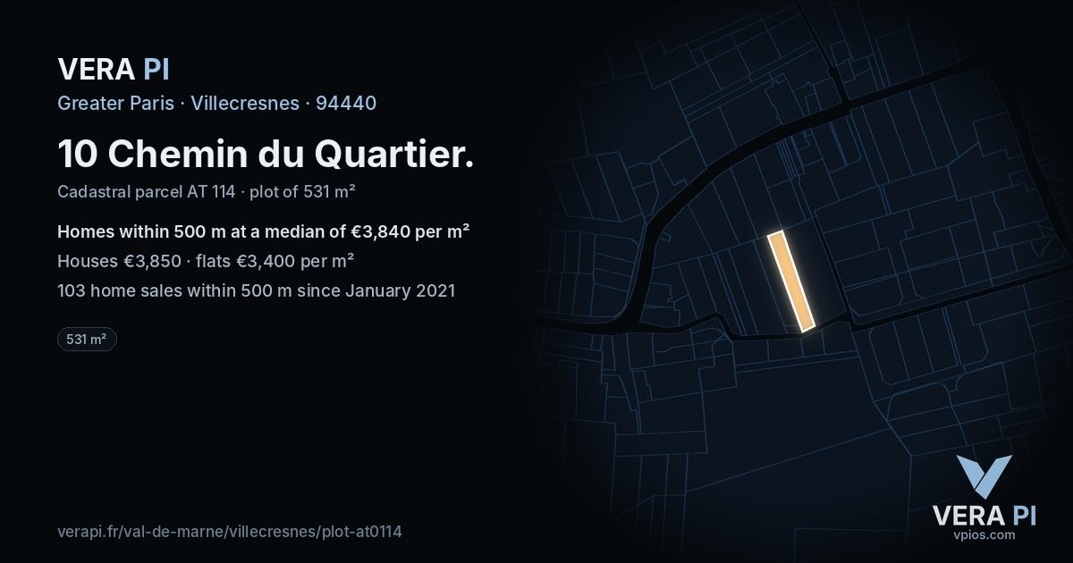 10 Chemin du Quartier, Villecresnes at night – the plot lit, the parcels around coloured by the prices near them
