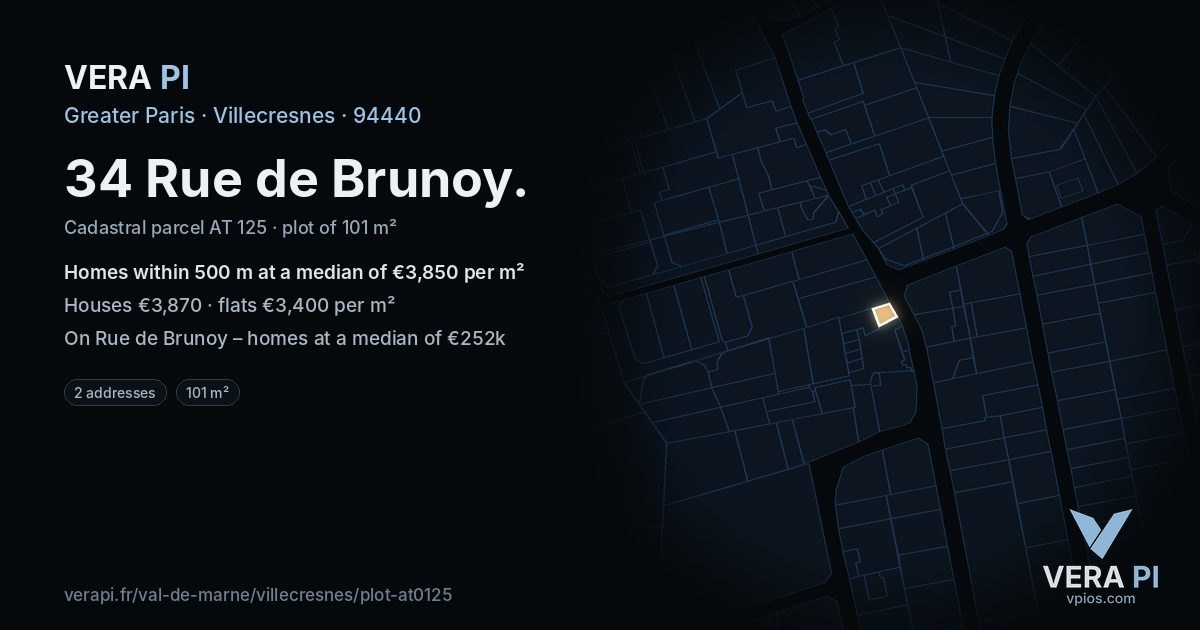 34 Rue de Brunoy, Villecresnes at night – the plot lit, the parcels around coloured by the prices near them