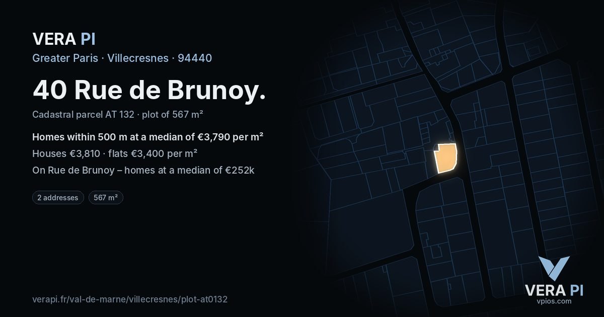 40 Rue de Brunoy, Villecresnes at night – the plot lit, the parcels around coloured by the prices near them