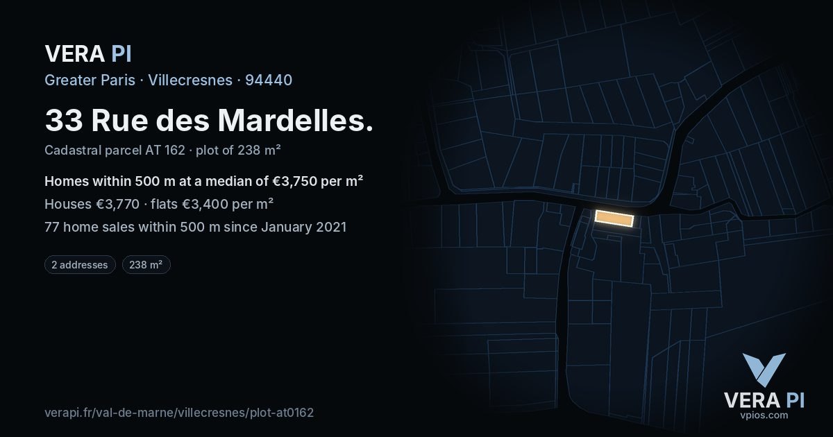 33 Rue des Mardelles, Villecresnes at night – the plot lit, the parcels around coloured by the prices near them