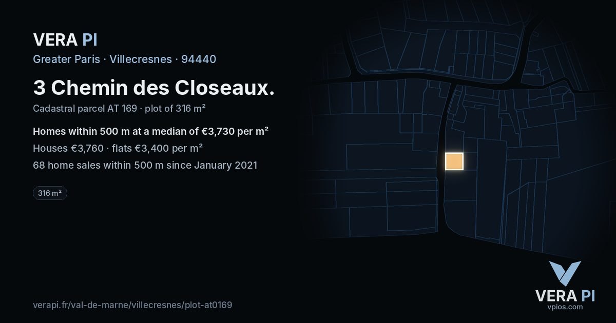 3 Chemin des Closeaux, Villecresnes at night – the plot lit, the parcels around coloured by the prices near them