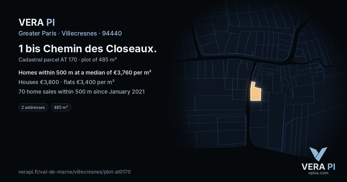 1 bis Chemin des Closeaux, Villecresnes at night – the plot lit, the parcels around coloured by the prices near them