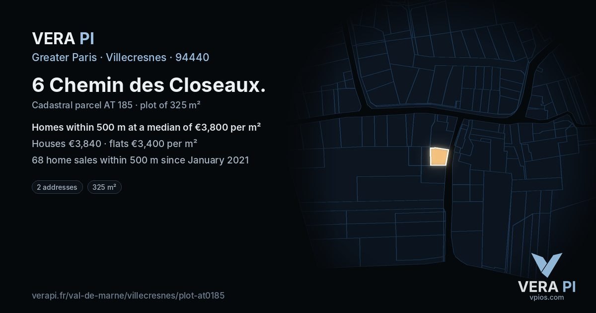 6 Chemin des Closeaux, Villecresnes at night – the plot lit, the parcels around coloured by the prices near them
