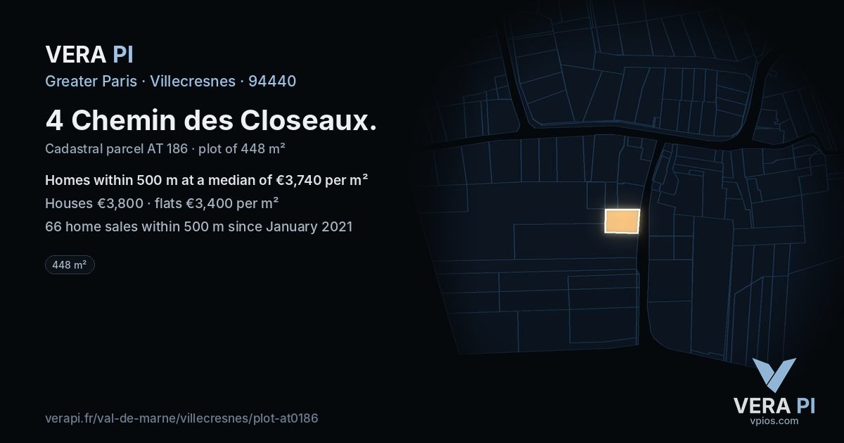 4 Chemin des Closeaux, Villecresnes at night – the plot lit, the parcels around coloured by the prices near them