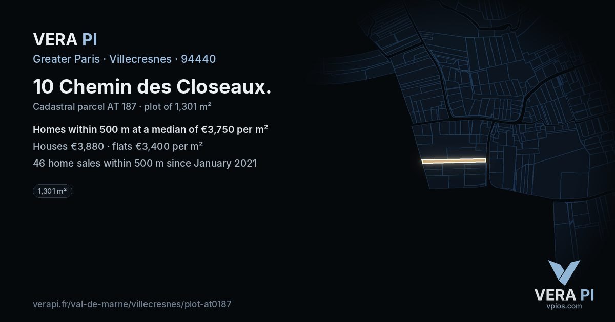 10 Chemin des Closeaux, Villecresnes at night – the plot lit, the parcels around coloured by the prices near them