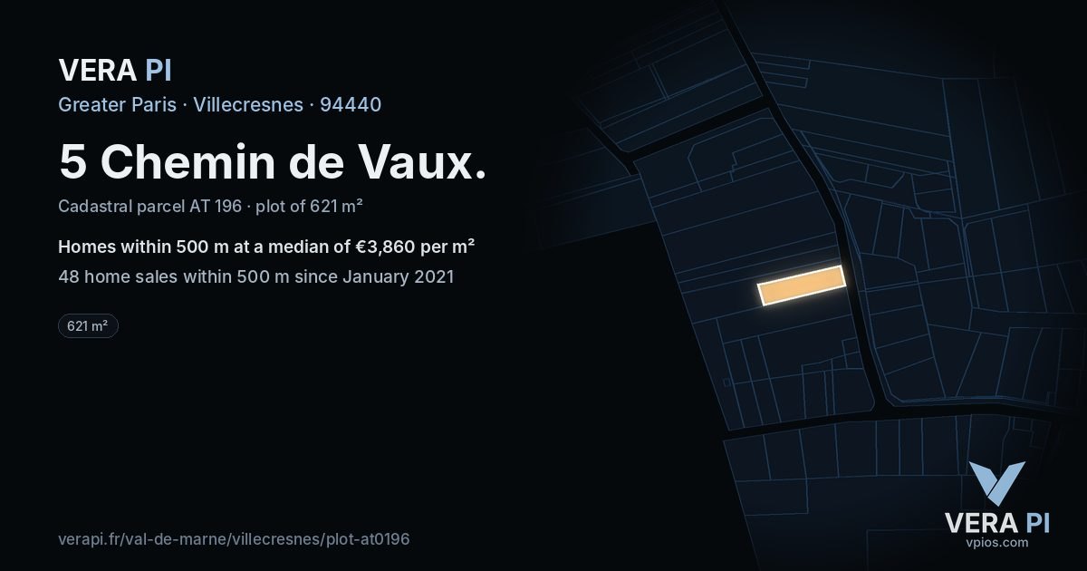 5 Chemin de Vaux, Villecresnes at night – the plot lit, the parcels around coloured by the prices near them