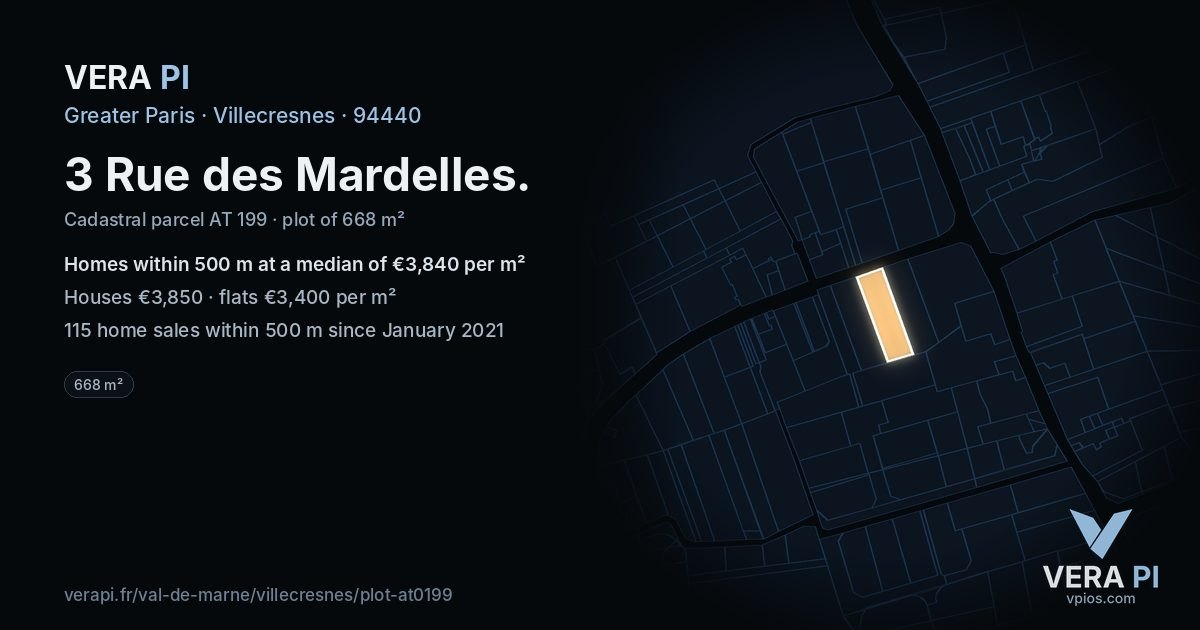 3 Rue des Mardelles, Villecresnes at night – the plot lit, the parcels around coloured by the prices near them