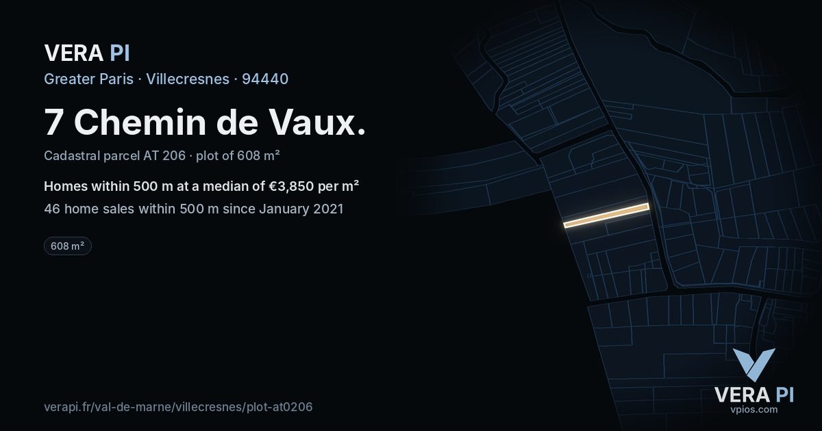 7 Chemin de Vaux, Villecresnes at night – the plot lit, the parcels around coloured by the prices near them