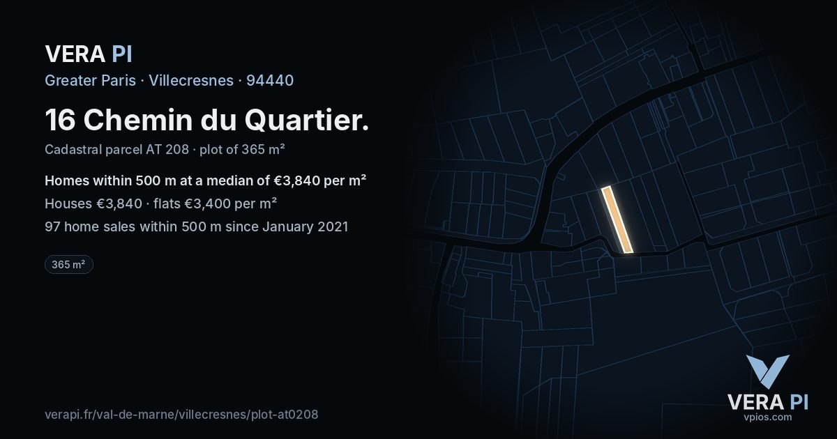 16 Chemin du Quartier, Villecresnes at night – the plot lit, the parcels around coloured by the prices near them