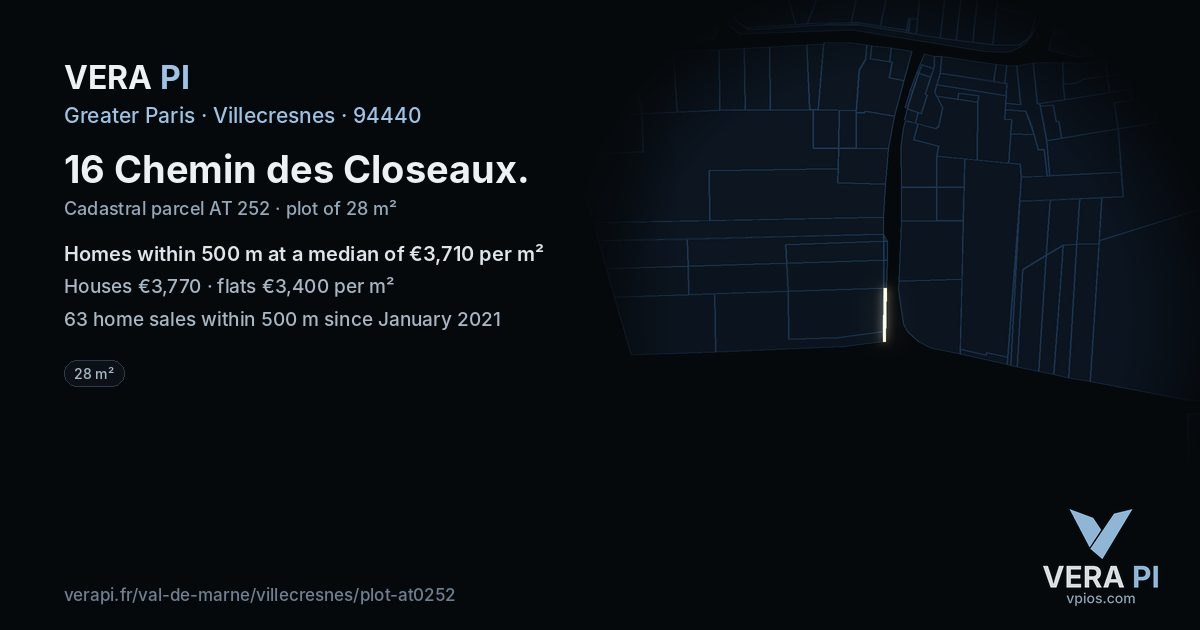 16 Chemin des Closeaux, Villecresnes at night – the plot lit, the parcels around coloured by the prices near them