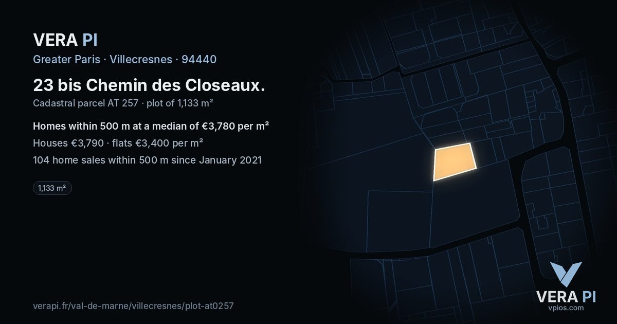 23 bis Chemin des Closeaux, Villecresnes at night – the plot lit, the parcels around coloured by the prices near them