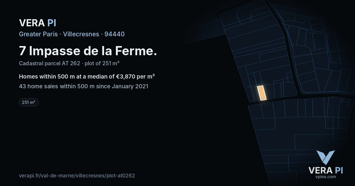 7 Impasse de la Ferme, Villecresnes at night – the plot lit, the parcels around coloured by the prices near them