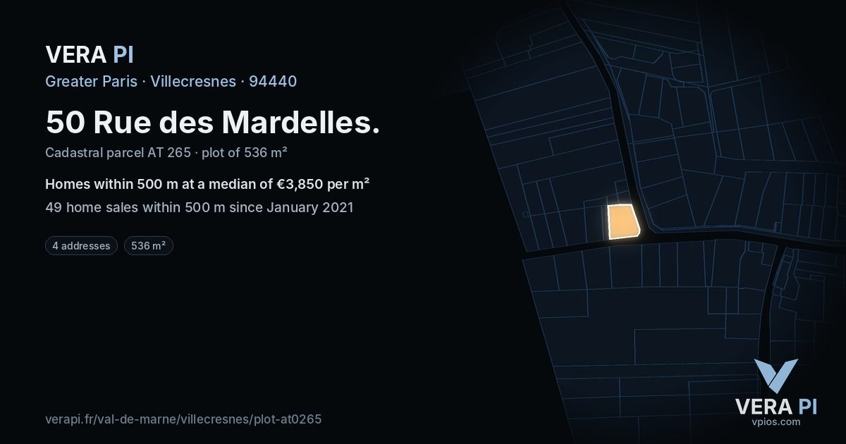 50 Rue des Mardelles, Villecresnes at night – the plot lit, the parcels around coloured by the prices near them