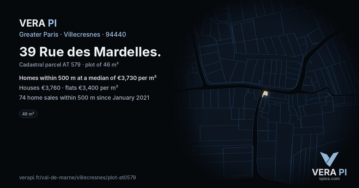 39 Rue des Mardelles, Villecresnes at night – the plot lit, the parcels around coloured by the prices near them