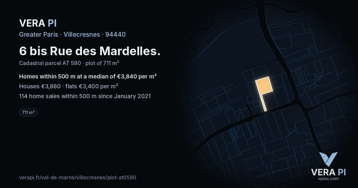 6 bis Rue des Mardelles, Villecresnes at night – the plot lit, the parcels around coloured by the prices near them