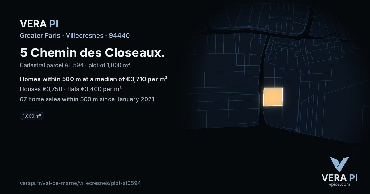 5 Chemin des Closeaux, Villecresnes at night – the plot lit, the parcels around coloured by the prices near them