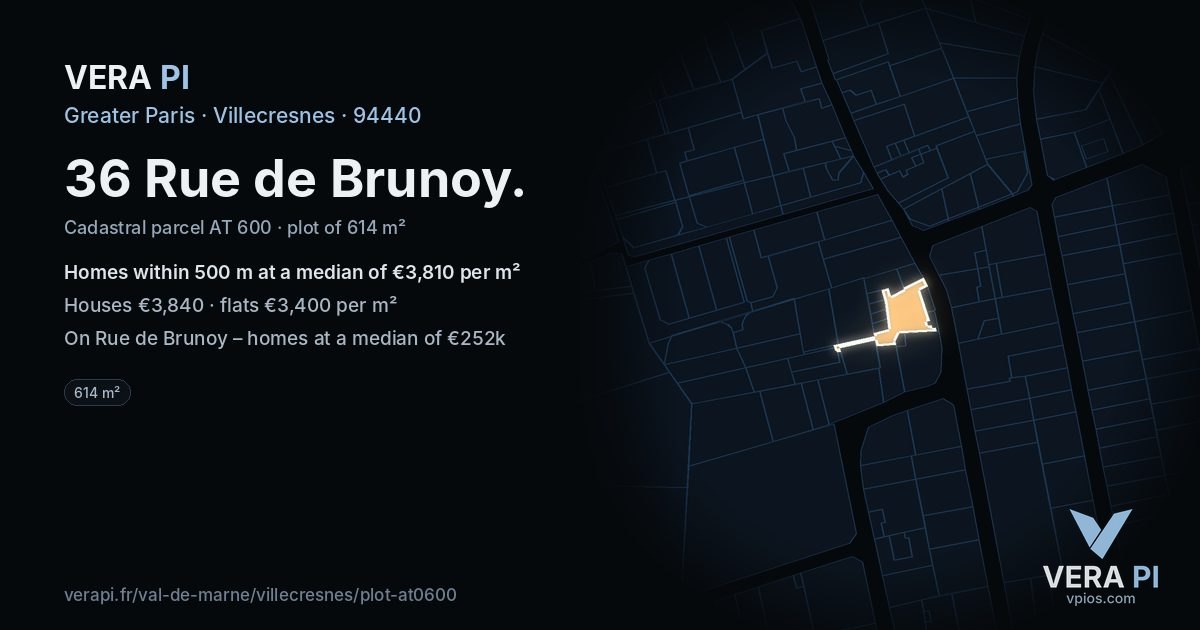 36 Rue de Brunoy, Villecresnes at night – the plot lit, the parcels around coloured by the prices near them