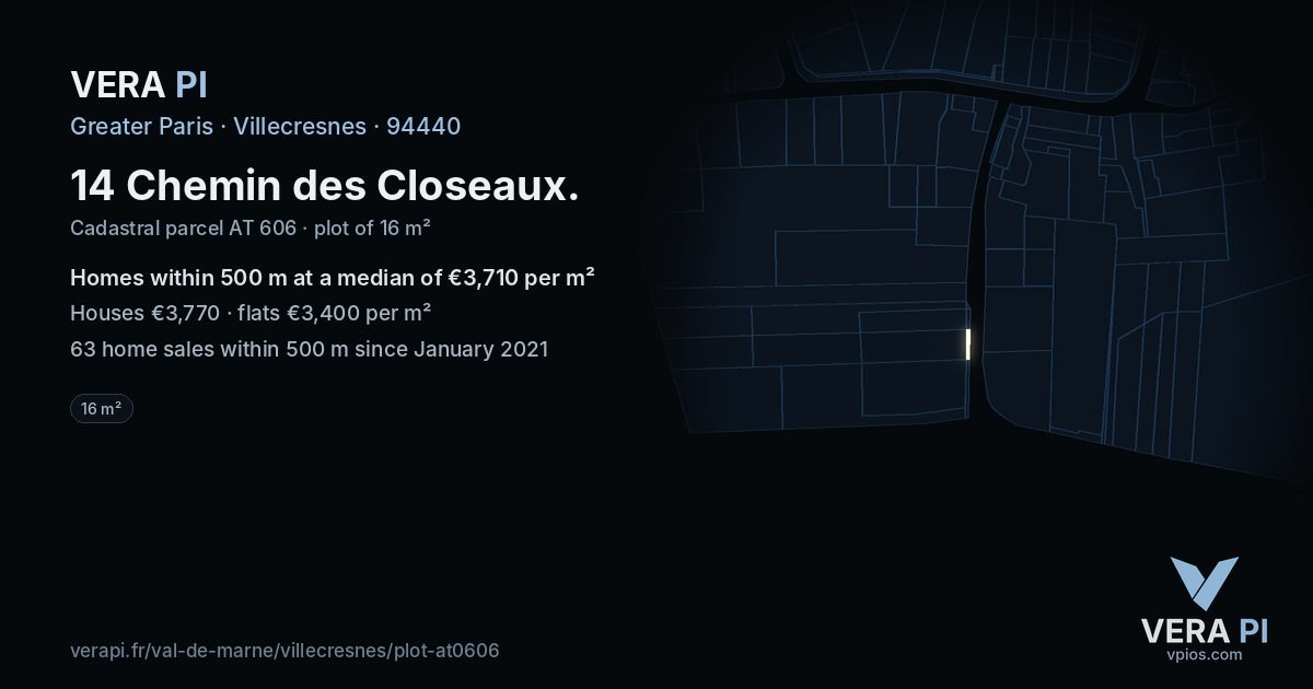 14 Chemin des Closeaux, Villecresnes at night – the plot lit, the parcels around coloured by the prices near them