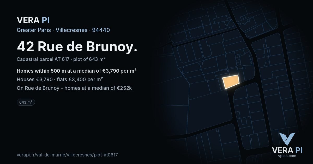 42 Rue de Brunoy, Villecresnes at night – the plot lit, the parcels around coloured by the prices near them